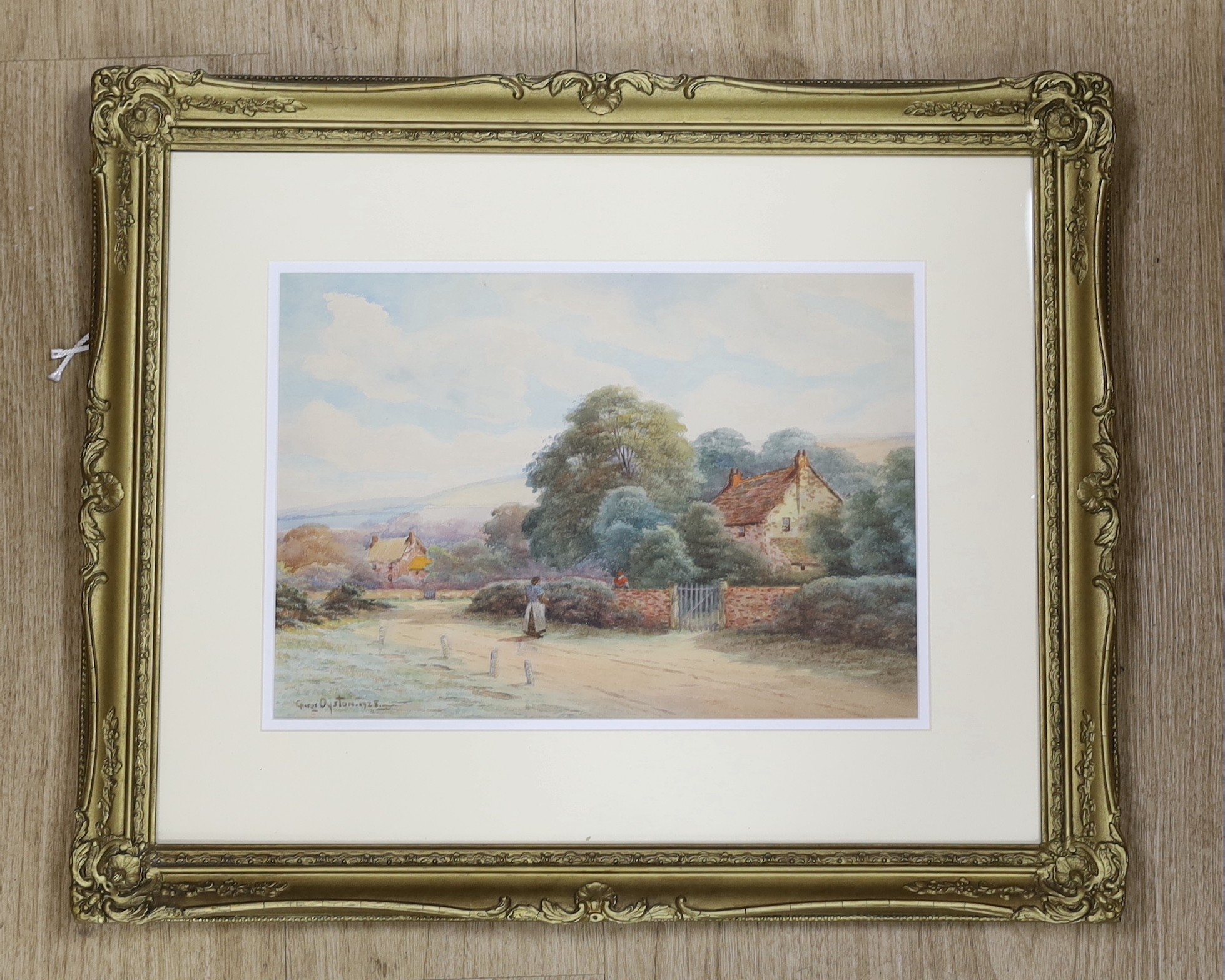 George Oyston (1861-1937), watercolour, Figures on a country lane, signed and dated 1928, 26 x 36cm
